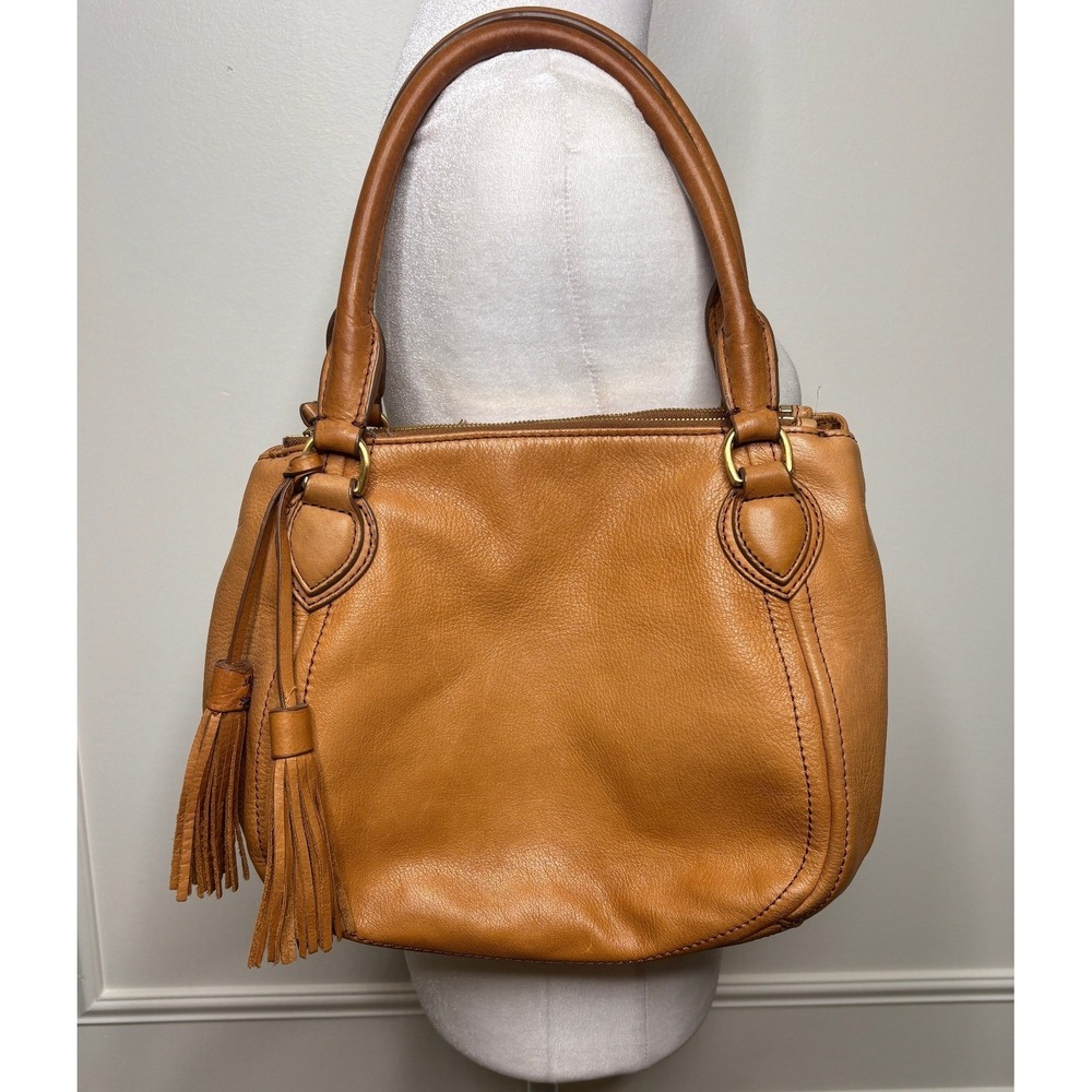 J.Crew Womens Tan Brown Leather Tassel Satchel Shoulder Bag Handbag Fall Classy